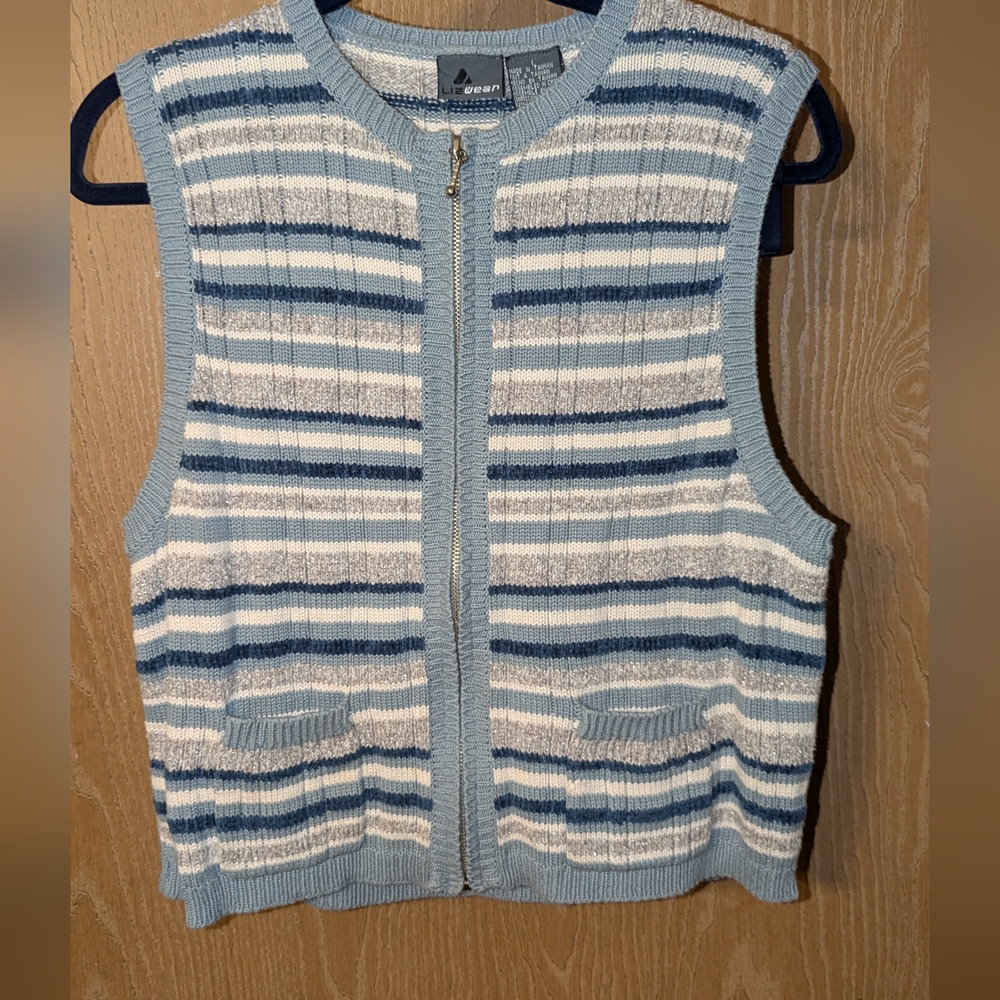 Liz Claiborne Liz Wear Striped Blue Full Zip Sweater Vest Large